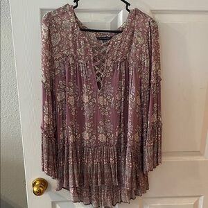 American Eagle Outfitters Floral Lace-Up Blouse in Pink and Cream